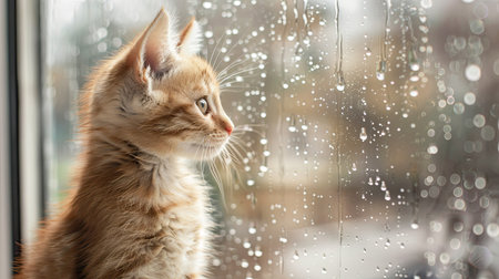 Adorable kitten looking out the window during a rainy day, creating a cozy indoor atmosphere.の素材
