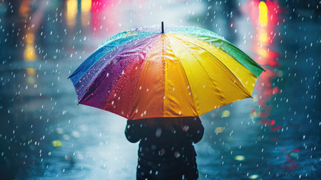 A person stands under a rainbow-patterned umbrella in the rain, creating a peaceful and vibrant sceneの素材