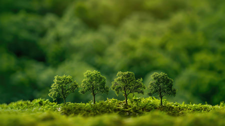 Scene depicting small trees against a backdrop of green foliage, symbolizing commitment to the environment and World Environment Dayの素材