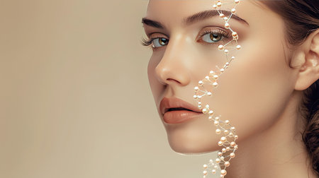 Woman with glass DNA strands against beige backdrop, illustrating beauty and scientific innovationの素材
