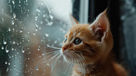 Adorable kitten with a gentle gaze on a rainy day inside a cozy apartment. Homey indoor scene.の素材