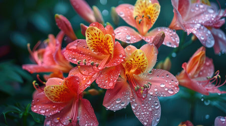 Beautiful flowers glistening in the morning rain, droplets highlighting their vibrant colorsの素材