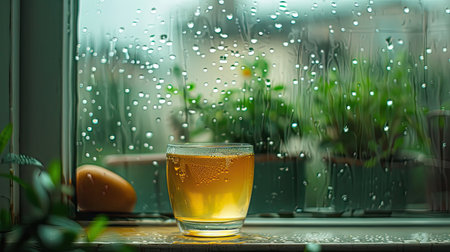A rice-colored glass of tea on a windowsill with raindrops on the windowの素材