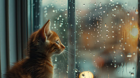 Curious kitten looking out the window at raindrops falling inside a warm apartment. Comfortable setting.の素材