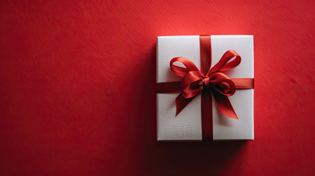 Festive white box tied with a red ribbon on a striking bright red backgroundの素材