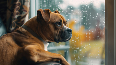 Depressed boxer pit bull mix dog looking lonely on a chair by the rainy day window. Emotional indoor scene.の素材