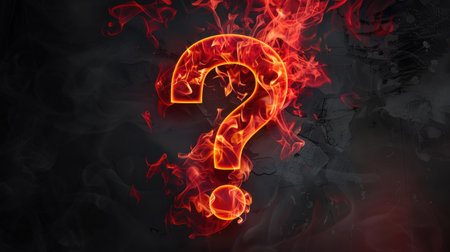 Fiery question mark "?" with flames and red smoke, hot metal font on blackの素材