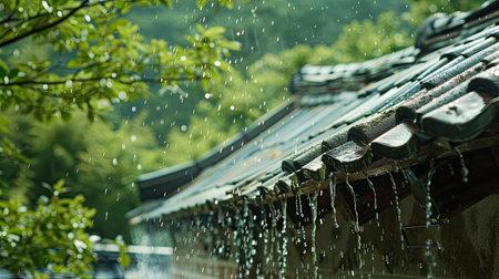 Rain flowing from an old roof on a summer day, capturing the essence of PM2.5 reductionの素材