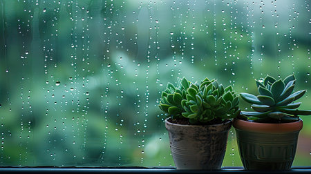 Potted succulents by a window on a rainy day, raindrops trickling down the glass, space for textの素材