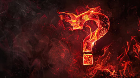 Flaming question mark "?" in fire, red smoke behind, hot metal font on blackの素材