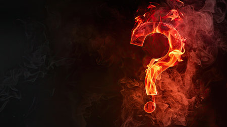 Flaming "?" with red smoke, hot metal font in flames, isolated on blackの素材