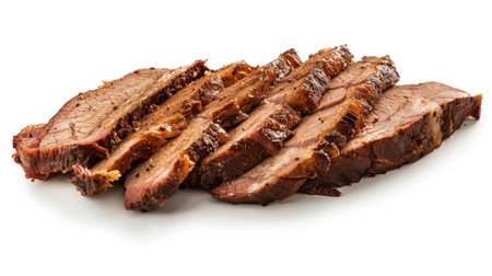 Smoky, tender pork brisket slices, isolated on a white backdropの素材