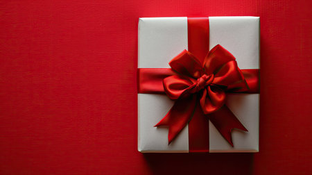 White box with red bow on a vivid red surface, close-up shotの素材