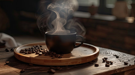 Steaming coffee cup with smoke on vintage wooden plate, coffee beans scattered besideの素材