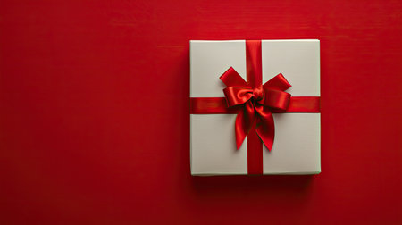 White box with red ribbon on a vivid red backdrop, detailed viewの素材