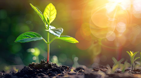 Close-up of a small plant with sunlit leaves, celebrating World Earth Day and advocating for environmental awarenessの素材
