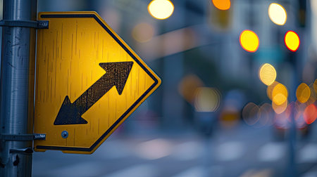 Close-up of a yellow caution sign with a right turn arrowの素材