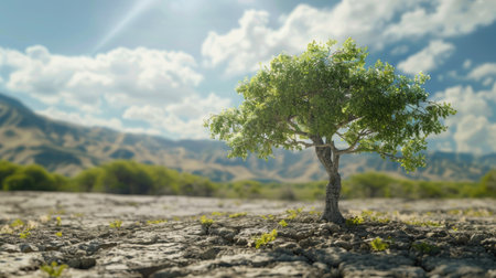 Concept of land restoration and drought resilience with a tree backdrop, celebrating World Environment Day 2024's ecological effortsの素材