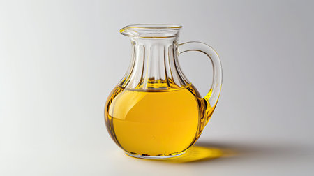 Cooking oil in a clear glass jug, isolated on a white backgroundの素材