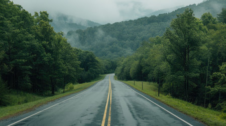 Expansive road heading into the heart of the Great Smoky Mountains National Park, Tennessee, surrounded by rich green forestの素材