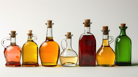 High-quality image of elegant oil glass bottles, displayed on a white backgroundの素材
