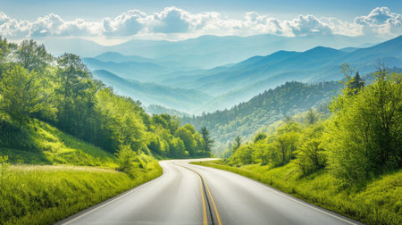 Scenic long road leading to the Great Smoky Mountains National Park, Tennessee, showcasing lush greenery and mountain viewsの素材