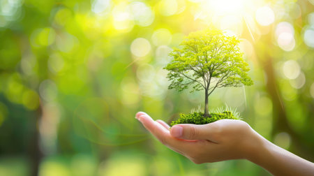 Human hand holding a green Earth with a growing tree, reflecting environmental sustainability, CO2 reduction, and climate actionの素材