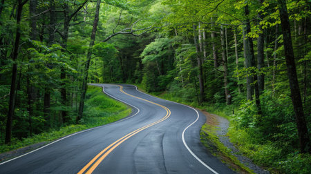 Scenic route leading to the Great Smoky Mountains National Park, Tennessee, with a long, winding road surrounded by rich greeneryの素材