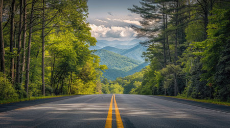 View of a scenic road leading into the Great Smoky Mountains National Park, Tennessee, framed by towering trees and mountain vistasの素材