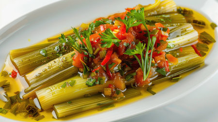 Traditional Turkish dish of leek cooked in olive oil (Zeytinyagli Pirasa), isolated with garnishの素材