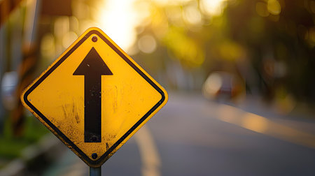 Yellow diamond traffic sign with a black arrow pointing right aheadの素材