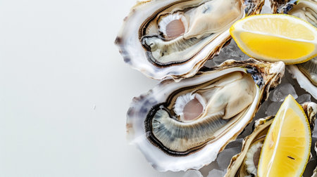Close-up of alive Pacific oysters served with lemon wedges. Fresh, raw seafood on a white backgroundの素材