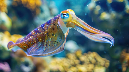 Close-up of a cuttlefish swimming in clear water, showcasing its vibrant colors and unique shapeの素材