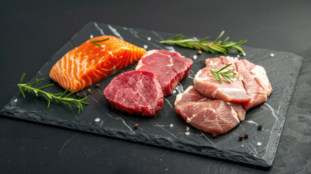 Close-up shot of raw veal, beef steaks, pork, chicken fillet, and salmon steak on a black stone surface, capturing the freshness of meatsの素材