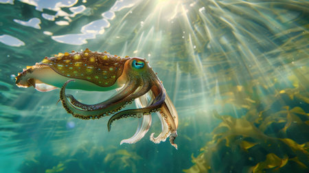 Cuttlefish moving gracefully in open water, with sunlight filtering through the surfaceの素材