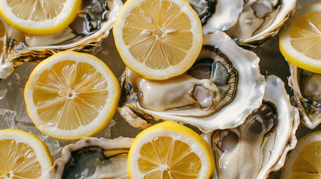 Detailed view of Dutch oysters, size number 1, with lemon slices. Fresh and alive raw seafood presentationの素材