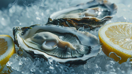 Elegant shot of Pacific oysters with lemon. Large, fresh raw seafood size number 1の素材