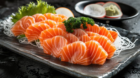 Elegant display of salmon sashimi on a dark background, showcasing the rich colors and quality of Asian foodの素材