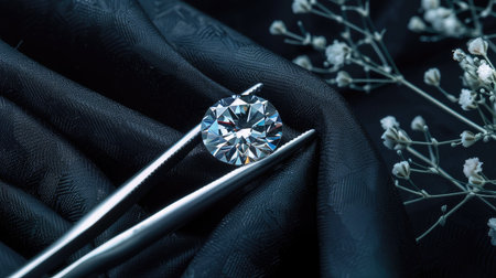 Dazzling diamond in tweezers on black fabric, top view, with text space, perfect for elegant brandingの素材