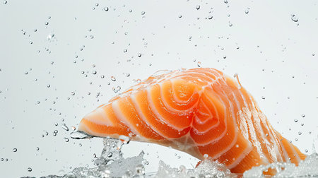 Dynamic shot of raw salmon dropping through the air with a clean white background, highlighting its textureの素材