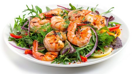 Fresh salad with grilled shrimp and colorful veggies, isolated on white background, perfect for showcasing a healthy mealの素材