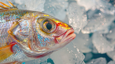 Detailed view of a fish with vibrant, shiny scales and clear eyes on ice, emphasizing its freshnessの素材