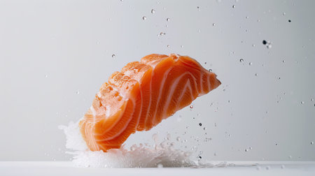 Falling piece of raw salmon against a white background, capturing its freshness and detailed textureの素材