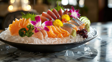 Elegant sashimi set on ice with warm lighting, perfect for restaurant promotionsの素材