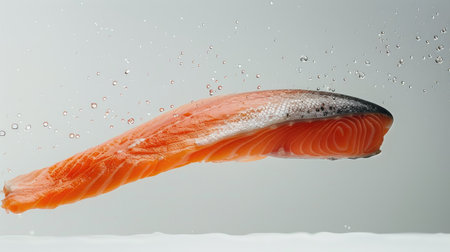 Falling raw salmon with a clean white backdrop, showcasing its rich pink color and full depth of fieldの素材