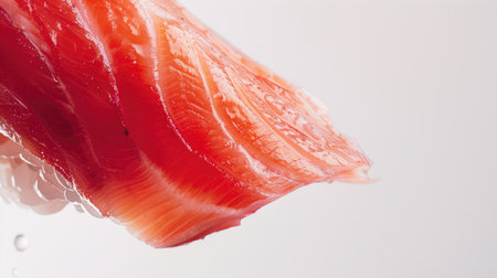 Fresh raw salmon dropping against a white background, highlighting its rich pink hue and smooth textureの素材