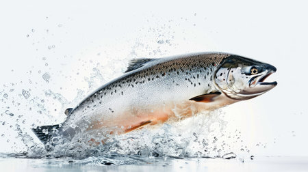 Falling raw salmon on a white background, capturing its freshness and detailed scales with full depth of fieldの素材