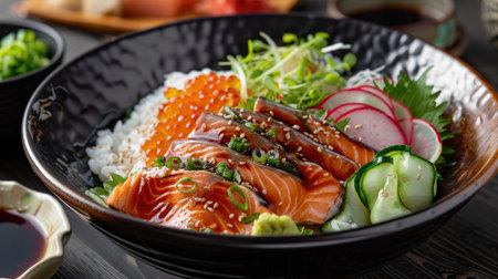 Elegant side view of salmon donburi with carved radish and vegetables, showcasing the artistry and elegance of Japanese culinary traditionsの素材