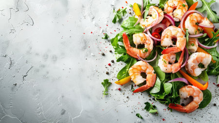 Fresh shrimp salad arranged on a white stone surface, top view, with colorful ingredients and clean presentationの素材