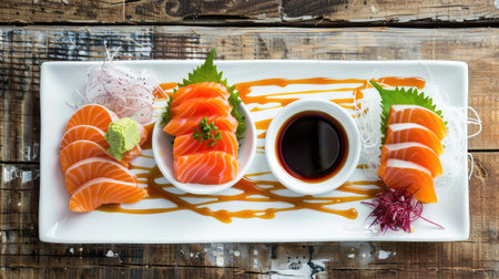 Fresh salmon sashimi served with three kinds of sauce on a white plate, placed on a rustic wooden table, highlighting vibrant colorsの素材